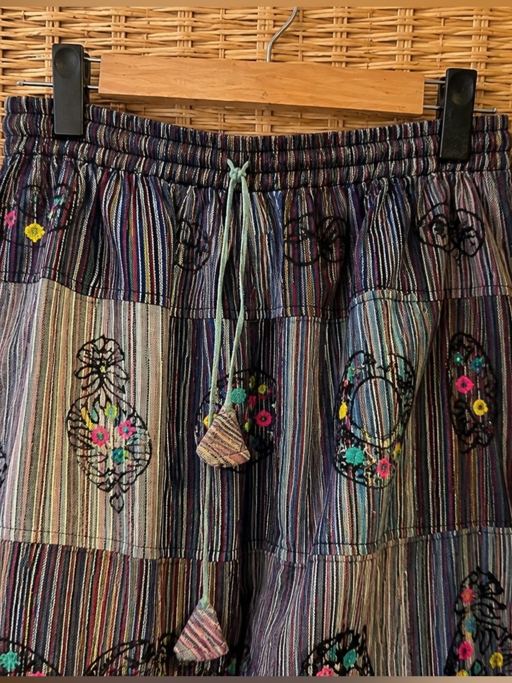 Boho Patchwork Wide-Leg Colorful Striped Harem Pants Cotton Folk Print Size L/XL - Picture 4 of 16